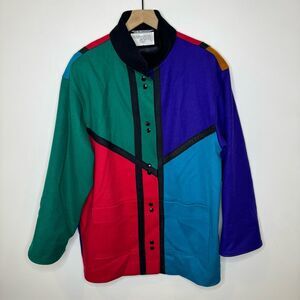 Vintage 100% color block long coat 80’s large with pockets fully lined large